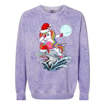 Dabbing Santa Unicorn Riding Shark Christmas Sharkmas Cool Gift Colorblast Crewneck Sweatshirt