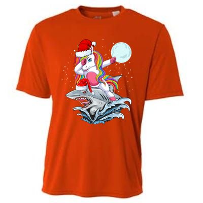 Dabbing Santa Unicorn Riding Shark Christmas Sharkmas Cool Gift Cooling Performance Crew T-Shirt