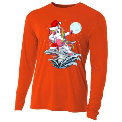 Dabbing Santa Unicorn Riding Shark Christmas Sharkmas Cool Gift Cooling Performance Long Sleeve Crew