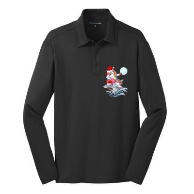 Dabbing Santa Unicorn Riding Shark Christmas Sharkmas Cool Gift Silk Touch Performance Long Sleeve Polo