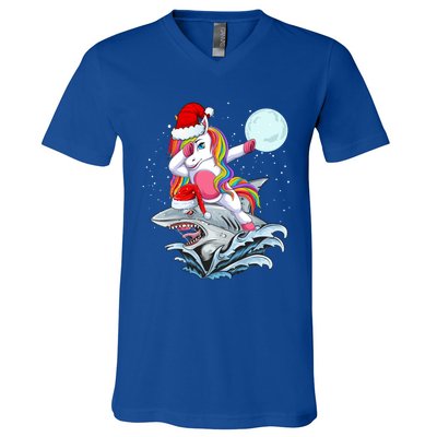 Dabbing Santa Unicorn Riding Shark Christmas Sharkmas Cool Gift V-Neck T-Shirt