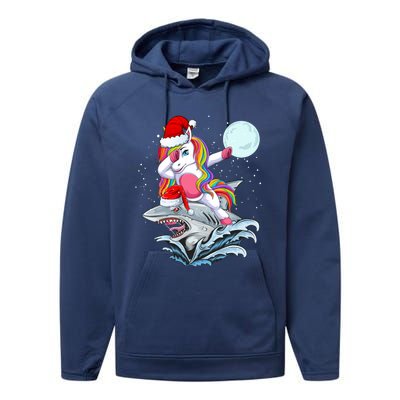 Dabbing Santa Unicorn Riding Shark Christmas Sharkmas Cool Gift Performance Fleece Hoodie