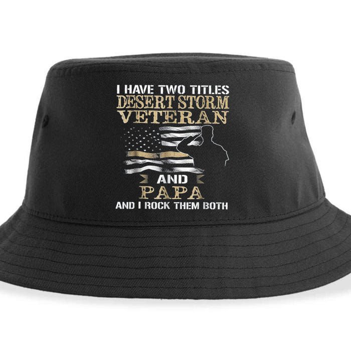 Desert Storms Veteran And Papa Rocks Them Both Veteran Dads Cool Gift Sustainable Bucket Hat