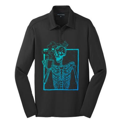 Distressed Skeleton Vintage Smiling Skull Ing Coffee Gift Silk Touch Performance Long Sleeve Polo