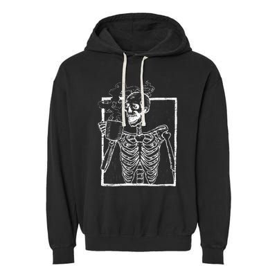 Distressed Skeleton Vintage Smiling Skull Drinking Coffee Garment-Dyed Fleece Hoodie