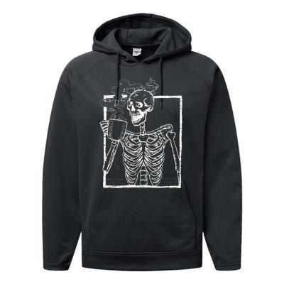 Distressed Skeleton Vintage Smiling Skull Drinking Coffee Performance Fleece Hoodie