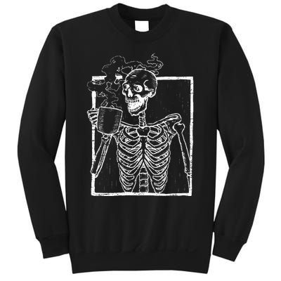 Distressed Skeleton Vintage Smiling Skull Drinking Coffee Sweatshirt