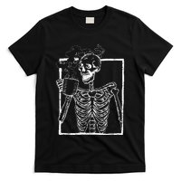 Distressed Skeleton Vintage Smiling Skull Drinking Coffee T-Shirt