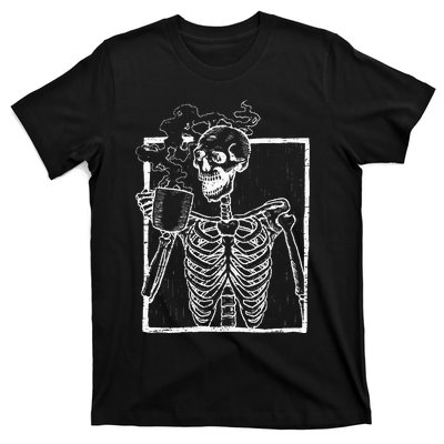 Distressed Skeleton Vintage Smiling Skull Drinking Coffee T-Shirt