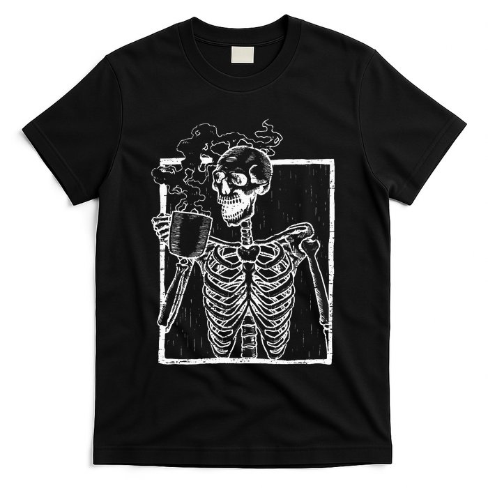 Distressed Skeleton Vintage Smiling Skull Drinking Coffee T-Shirt