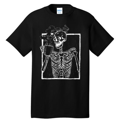 Distressed Skeleton Vintage Smiling Skull Drinking Coffee Tall T-Shirt