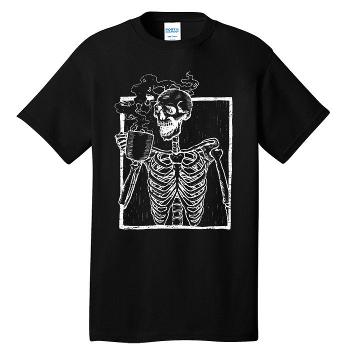 Distressed Skeleton Vintage Smiling Skull Drinking Coffee Tall T-Shirt