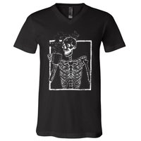 Distressed Skeleton Vintage Smiling Skull Drinking Coffee V-Neck T-Shirt