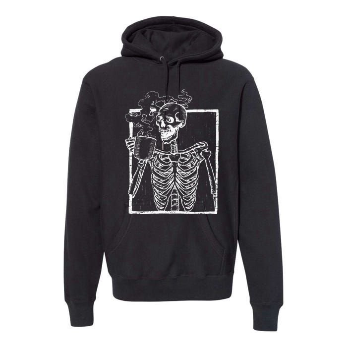 Distressed Skeleton Vintage Smiling Skull Drinking Coffee Premium Hoodie