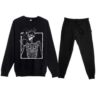 Distressed Skeleton Vintage Smiling Skull Drinking Coffee Premium Crewneck Sweatsuit Set