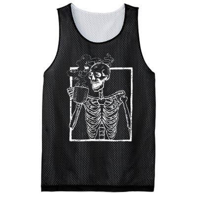 Distressed Skeleton Vintage Smiling Skull Drinking Coffee Mesh Reversible Basketball Jersey Tank