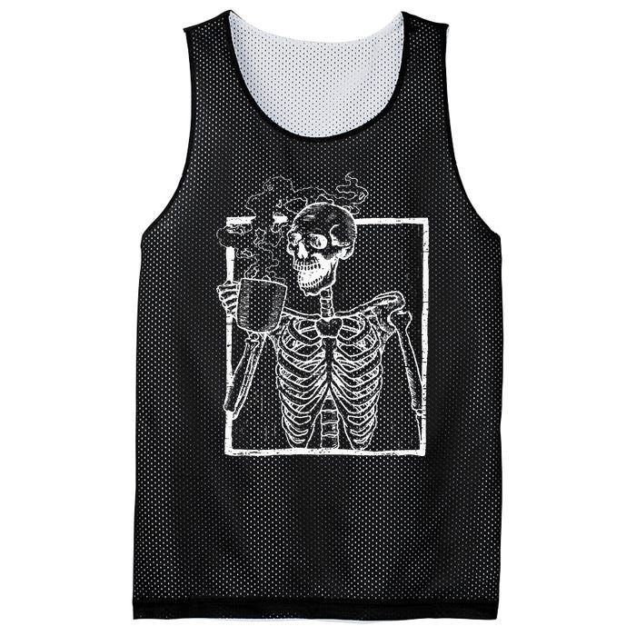 Distressed Skeleton Vintage Smiling Skull Drinking Coffee Mesh Reversible Basketball Jersey Tank