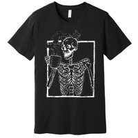 Distressed Skeleton Vintage Smiling Skull Drinking Coffee Premium T-Shirt