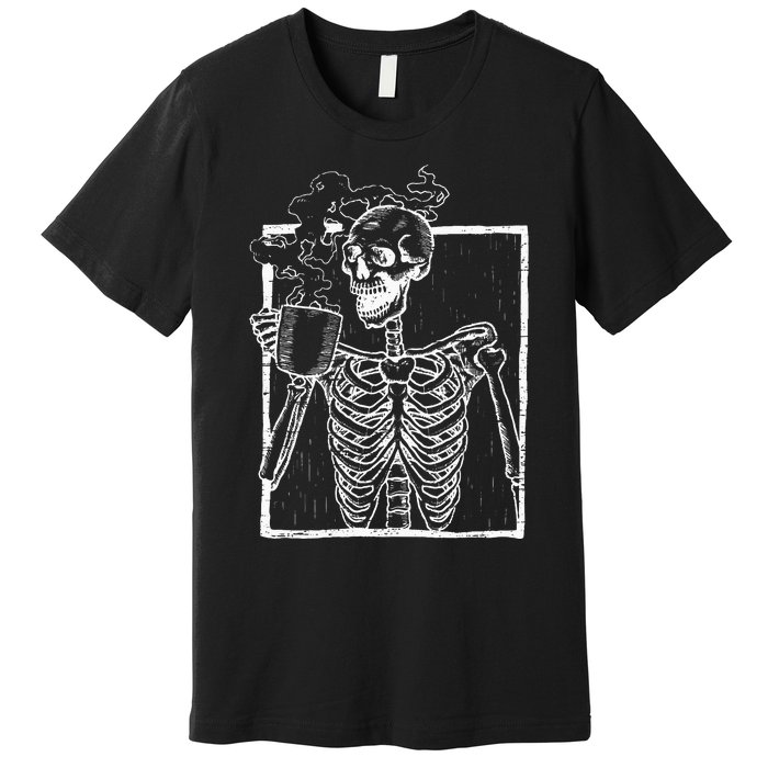 Distressed Skeleton Vintage Smiling Skull Drinking Coffee Premium T-Shirt