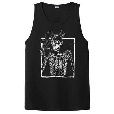 Distressed Skeleton Vintage Smiling Skull Drinking Coffee PosiCharge Competitor Tank