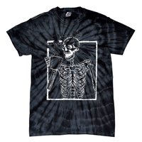 Distressed Skeleton Vintage Smiling Skull Drinking Coffee Tie-Dye T-Shirt