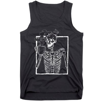 Distressed Skeleton Vintage Smiling Skull Drinking Coffee Tank Top