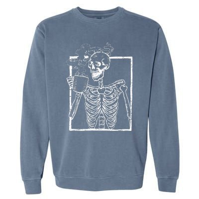 Distressed Skeleton Vintage Smiling Skull Drinking Coffee Garment-Dyed Sweatshirt