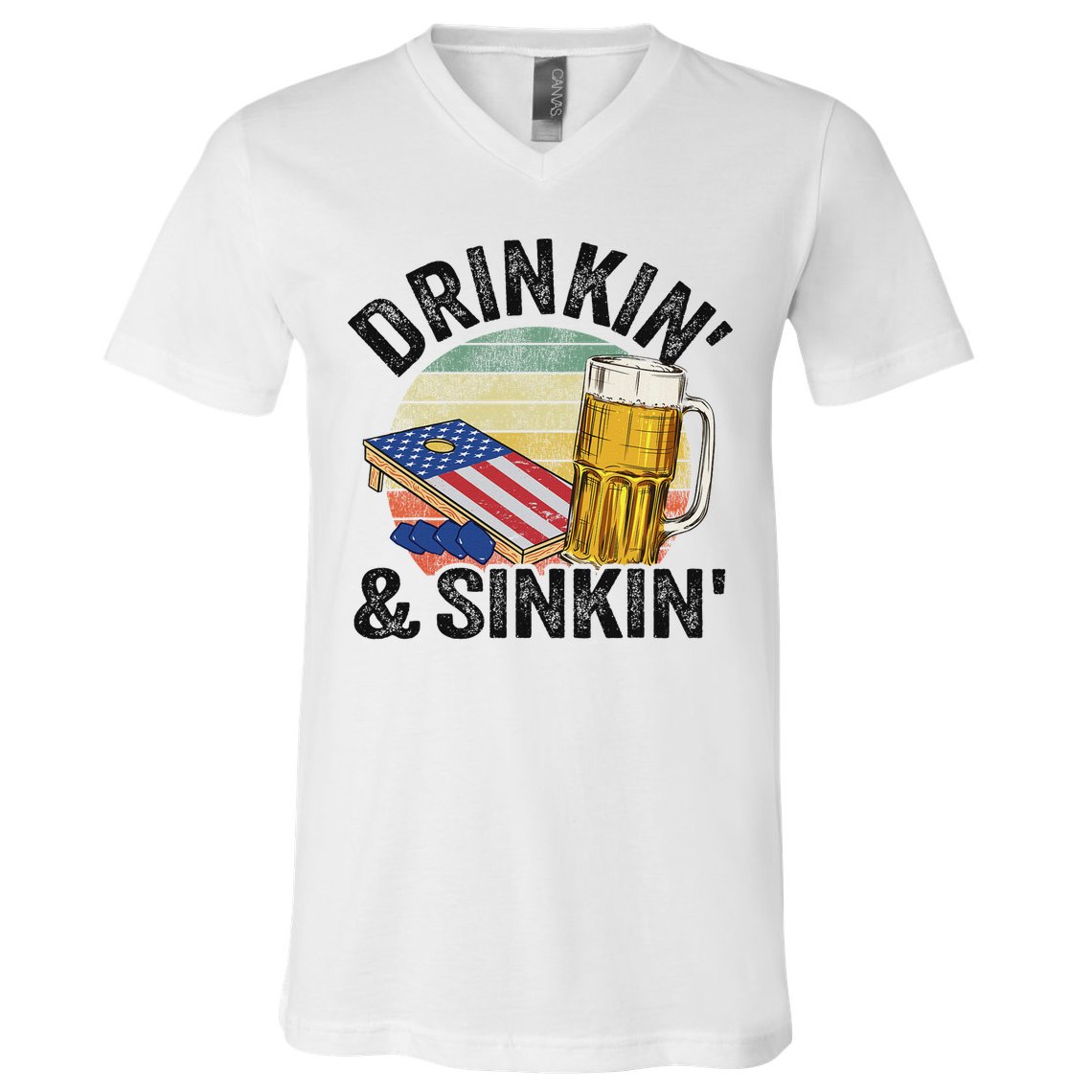 Drinkin' & Sinkin' Vintage American Flag Grandpa Cornhole V-Neck T-Shirt