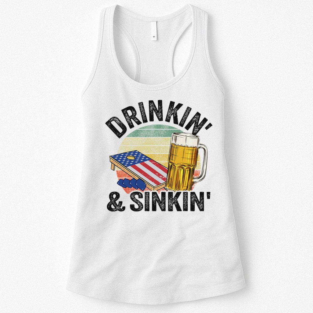 Drinkin' & Sinkin' Vintage American Flag Grandpa Cornhole Womens Tank Top