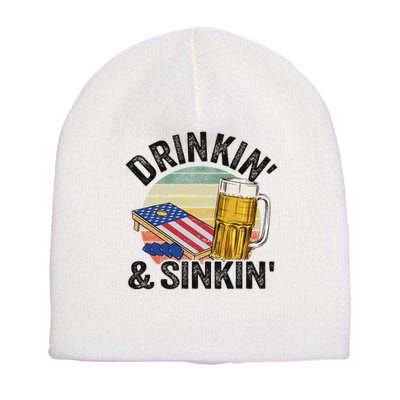 Drinkin' & Sinkin' Vintage American Flag Grandpa Cornhole Short Acrylic Beanie