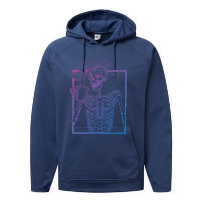 Distressed Skeleton Vintage Smiling Skull Ing Coffee Gift Performance Fleece Hoodie