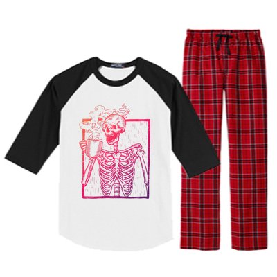 Distressed Skeleton Vintage Smiling Skull Ing Coffee Gift Raglan Sleeve Pajama Set