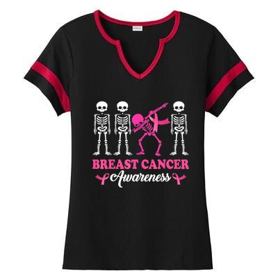 Dabbing Skeleton With Pink Ribbon Breast Cancer Halloween Ladies Halftime Notch Neck Tee