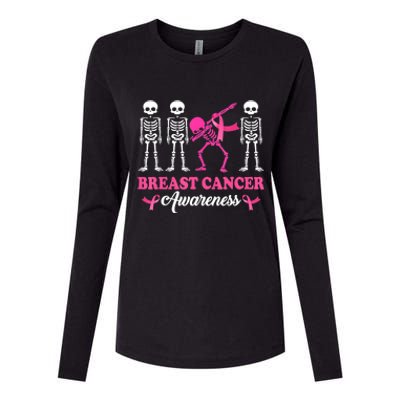 Dabbing Skeleton With Pink Ribbon Breast Cancer Halloween Womens Cotton Relaxed Long Sleeve T-Shirt