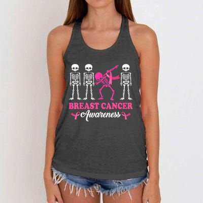 Dabbing Skeleton With Pink Ribbon Breast Cancer Halloween Women's Knotted Racerback Tank