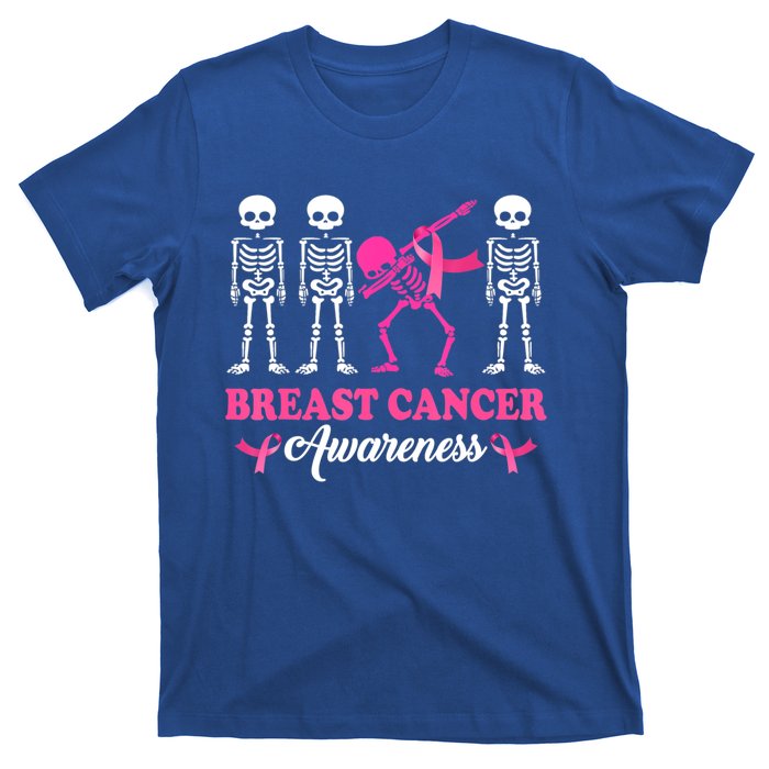 Dabbing Skeleton With Pink Ribbon Breast Cancer Halloween T-Shirt