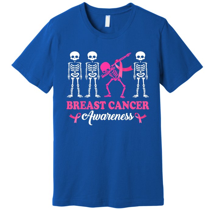 Dabbing Skeleton With Pink Ribbon Breast Cancer Halloween Premium T-Shirt