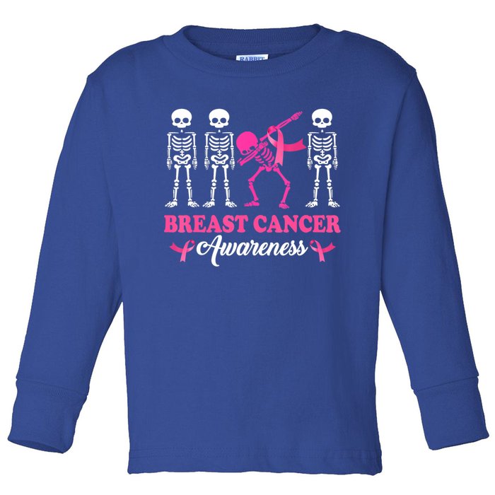 Dabbing Skeleton With Pink Ribbon Breast Cancer Halloween Toddler Long Sleeve Shirt