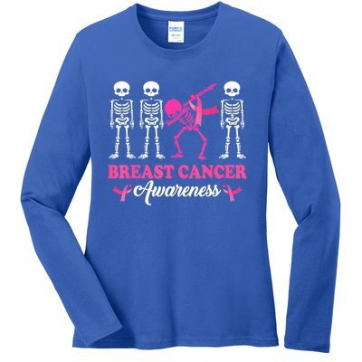 Dabbing Skeleton With Pink Ribbon Breast Cancer Halloween Ladies Long Sleeve Shirt