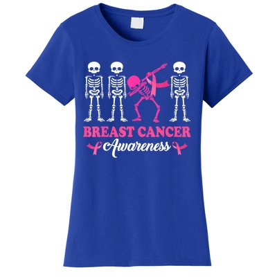 Dabbing Skeleton With Pink Ribbon Breast Cancer Halloween Women's T-Shirt