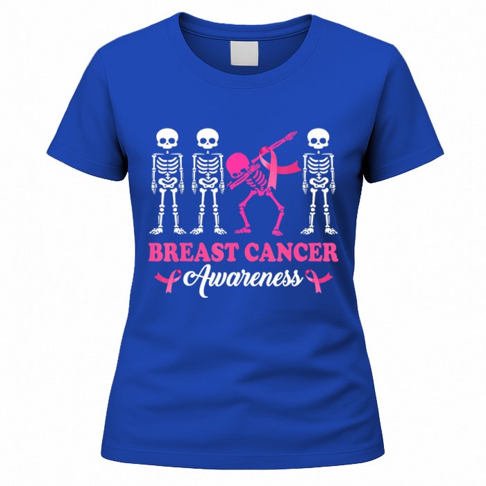 Dabbing Skeleton With Pink Ribbon Breast Cancer Halloween Women's T-Shirt