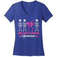 Dabbing Skeleton With Pink Ribbon Breast Cancer Halloween Women's V-Neck T-Shirt