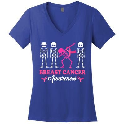 Dabbing Skeleton With Pink Ribbon Breast Cancer Halloween Women's V-Neck T-Shirt