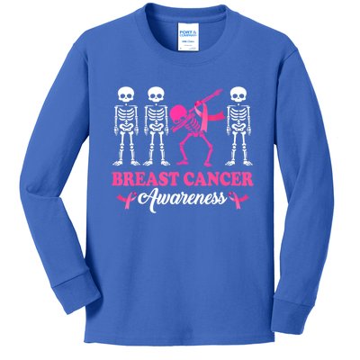 Dabbing Skeleton With Pink Ribbon Breast Cancer Halloween Kids Long Sleeve Shirt