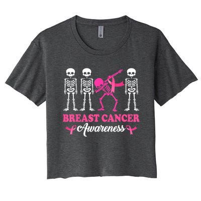 Dabbing Skeleton With Pink Ribbon Breast Cancer Halloween Women's Crop Top Tee