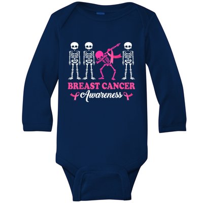 Dabbing Skeleton With Pink Ribbon Breast Cancer Halloween Baby Long Sleeve Bodysuit