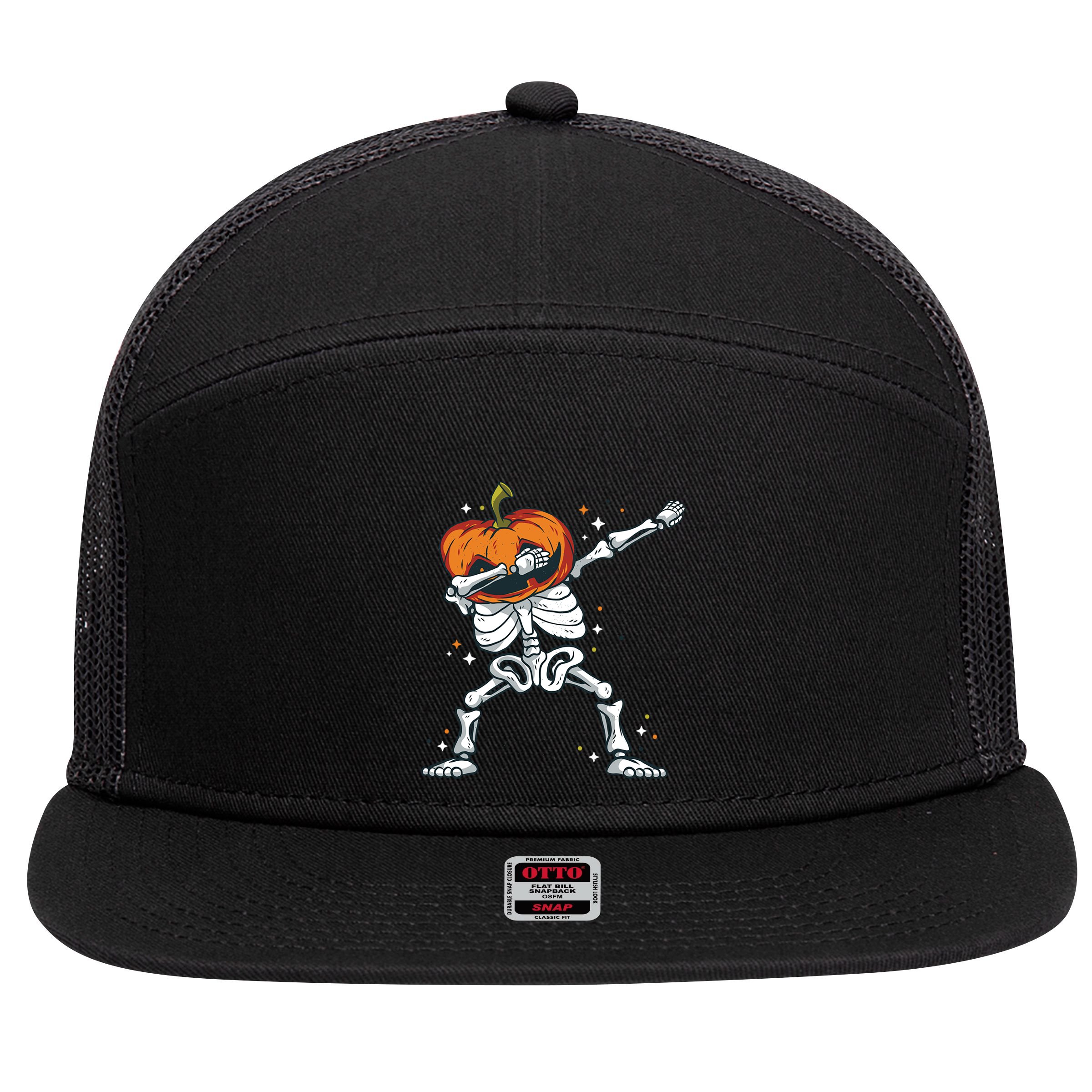 Dabbing Skeleton With Pumpkin Head Jack O Lantern Dab Cute Gift 7 Panel Mesh Trucker Snapback Hat