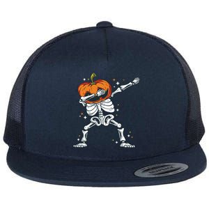 Dabbing Skeleton With Pumpkin Head Jack O Lantern Dab Cute Gift Flat Bill Trucker Hat