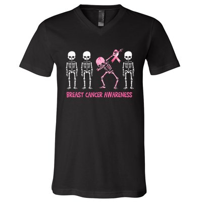 Dabbing Skeleton with Pink Ribbon Breast Cancer Awareness Halloween V-Neck T-Shirt