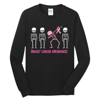 Dabbing Skeleton with Pink Ribbon Breast Cancer Awareness Halloween Tall Long Sleeve T-Shirt